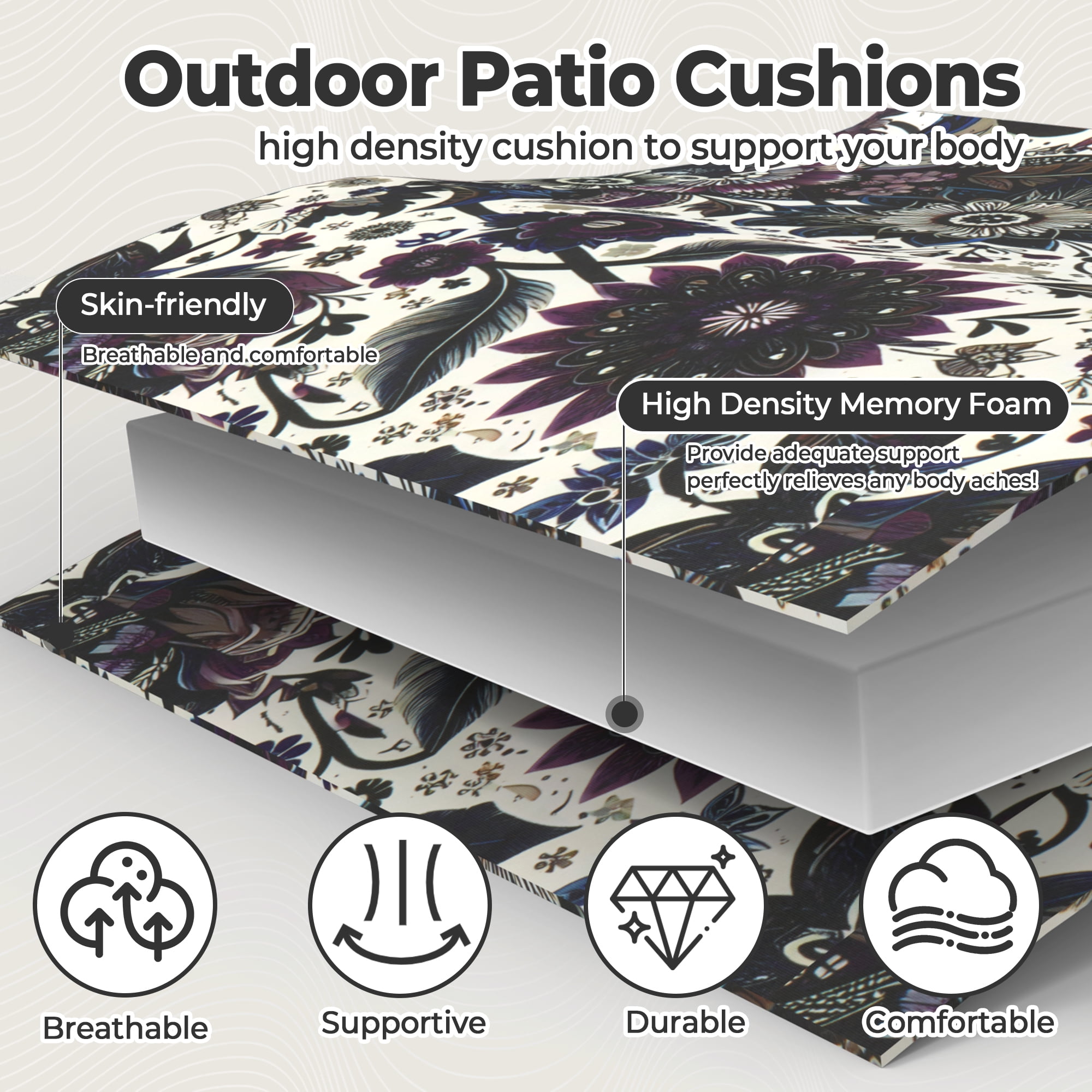 PYPUMSA Outdoor Chair Seat Pads Cushions Set of 4 for Patio Furniture, Water-Resistant Patio Chair Cushions with Ties, High Density Foam Outdoor Seat Cushion, 18.5" X 16" X 3",Black Flower