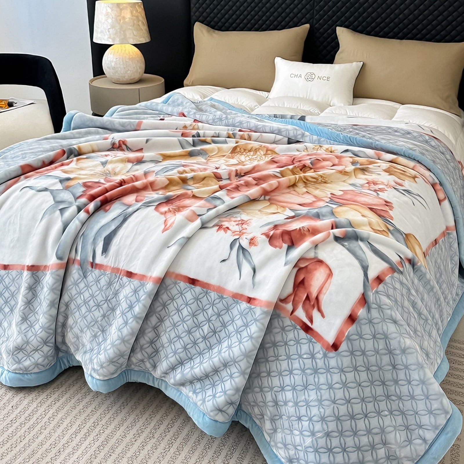WOOW DEPOT Thick Fleece Twin Bed Blanket Reversible, 1 PCS Peony Flower Printed 59" x 78.7" Soft Warm Mink Blanket Luxurious 4.41 lb Heavy, Blue