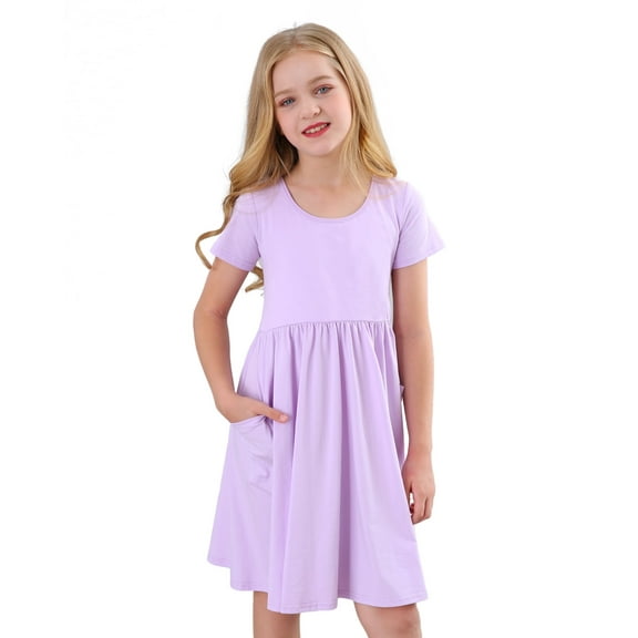 Stelle Casual Sundress Short Sleeve A-Line Twirly Skirt Skater with Pockets High Waisted Knee Length Flared Swing Party Dance Dress for Big Girls,Lavender,12 Years