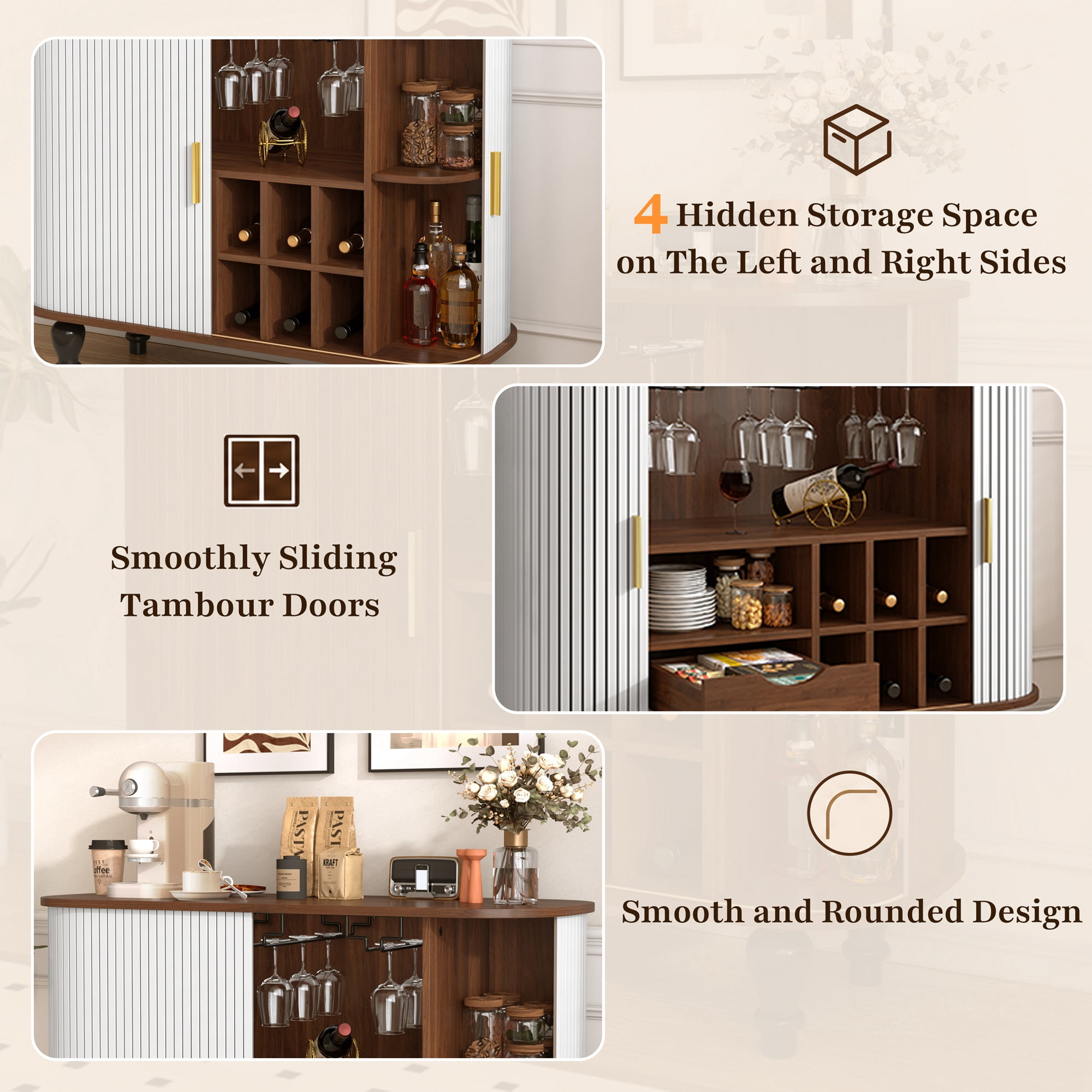 avobird 39" Fluted Liquor & Coffee Bar Cabinet with 6 Wine Racks and 3 Glass Holders, Mid-Century Modern Bar Cabinet with A Large Storage Drawer ,4 Hidden Storage Space on the Side , White