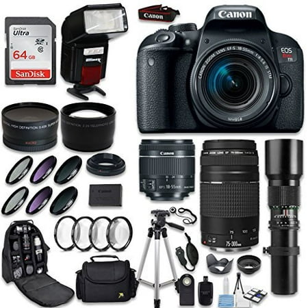 Canon EOS Rebel T7i DSLR Camera + Canon 18-55mm IS STM Lens + Canon 75-300mm Lens & 500mm f/8.0 Lens + 0.43 WideAngle Lens + 2.2 Telephoto Lens + Macro Close-ups + Accessories (Holiday Special