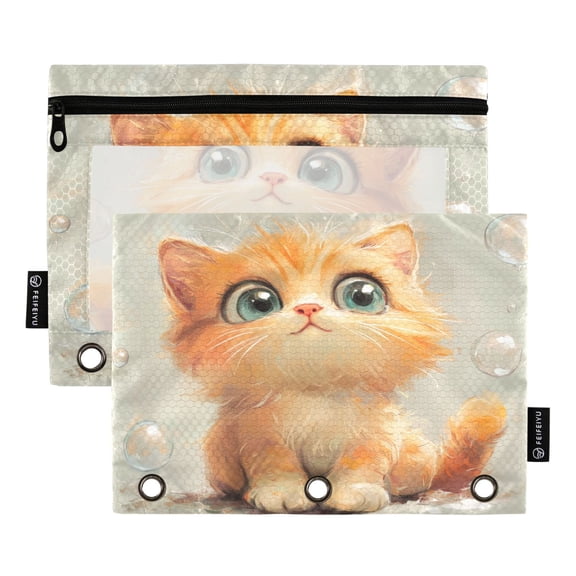 2 Pack Pencil Bag 9.84x6.1 Inch 3-Ring Page Turning Folder Zipper Pencil Case Pencil Bag Page Turning File Bag Adorable Orange Cat
