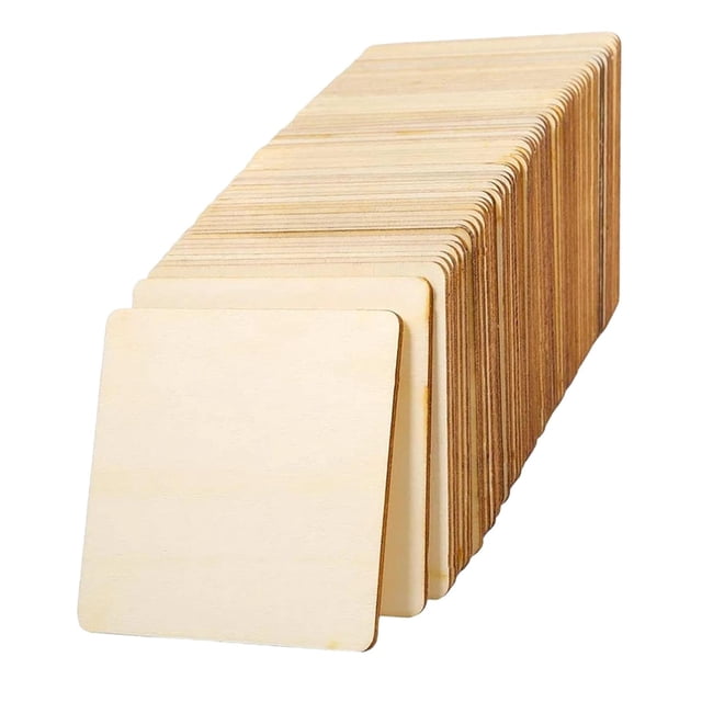 Piezas de madera de 100 mm, rodajas redondas y cuadradas en blanco para manualidades infantiles. Madera pintada. 30 piezas cuadrado