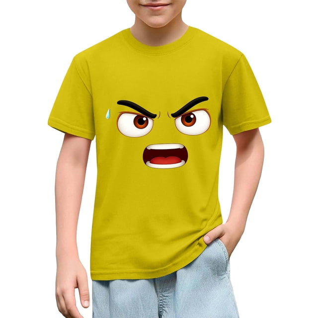 Blusas y camisas de manga corta con cuello redondo para niños y niñas, color liso, con estampado de expresión linda, manga corta, holgadas y cómodas, blusa para niña