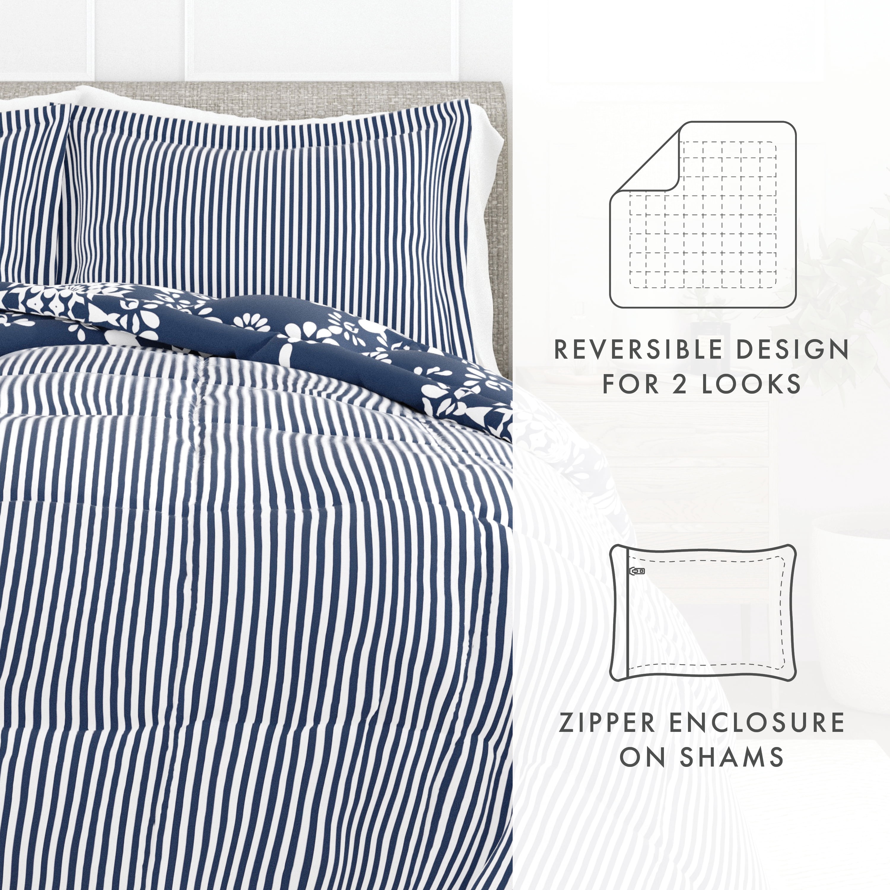 Noble Linens 3-Piece Navy Daisy Medallion Reversible Print Comforter Set, King/CalKing