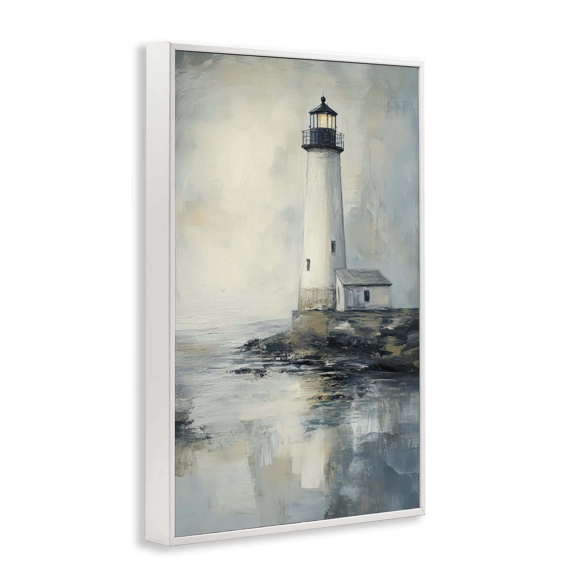 Stupell Industries Moody Lighthouse Reflecting White Framed Giclee Art, design by Petal Prints Design