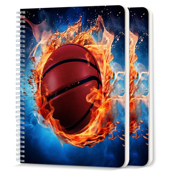 Spiral Notebook,College Ruled Journal,8.26" x 5.71" 50 Sheets/100 Pages,2 Pack - Basketball on Fire With Blue Background