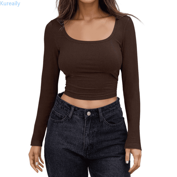 Kureaily Women Long Sleeve Backless Crop Tops Square Neck Bodycon Shirts Cut Out Pullover Streetwear Lightweight Soft Clothes