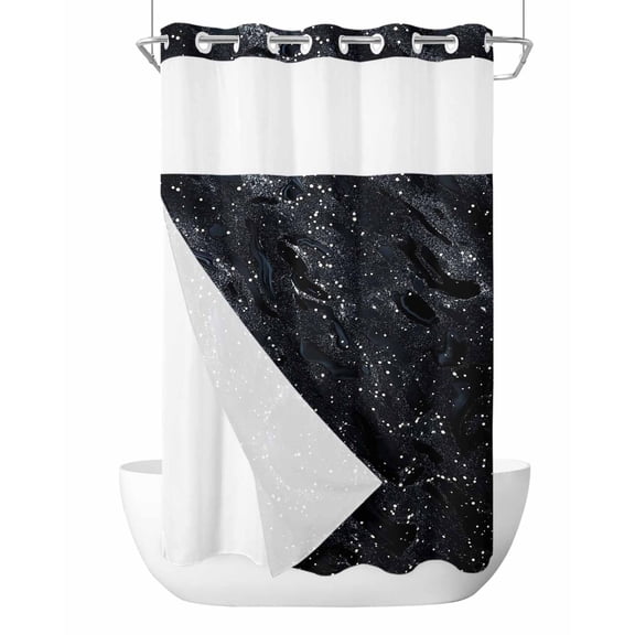 No Hook Cloth Fabric Shower Curtain with Snap in Liner, Black Marble Waterproof Shower Curtains Set with See Through Top Window, Vintage Abstract Ombre Dots Pattern Art Bath Curtains Shower 36"x78"