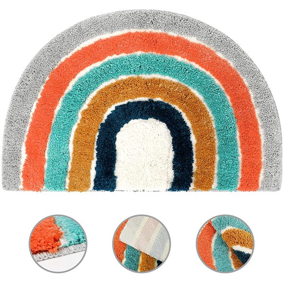 Half-round bath rug, rainbow, floor mat, non-slip, half-round, fluffy, soft, fluffy, shaggy, for living room, bedroom, bathroom, kitchen, home decoration (80 x 50 cm)