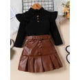 thumbnail image 5 of Aojekbee Toddler Girl 2 Piece Outfit Ruffles Long Sleeve Tops and Leather Pleated Skirt Set for Baby Fall Cute Clothes, 5 of 10
