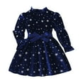 thumbnail image 2 of FAOWME Big Kids Girls Plush Dress Long Sleeve Star Print Ruffle Hem Bow Tie Belt Stylish Elegant Dresses For Autumn Winter Holiday Party Blue 3-4 Years, 2 of 7