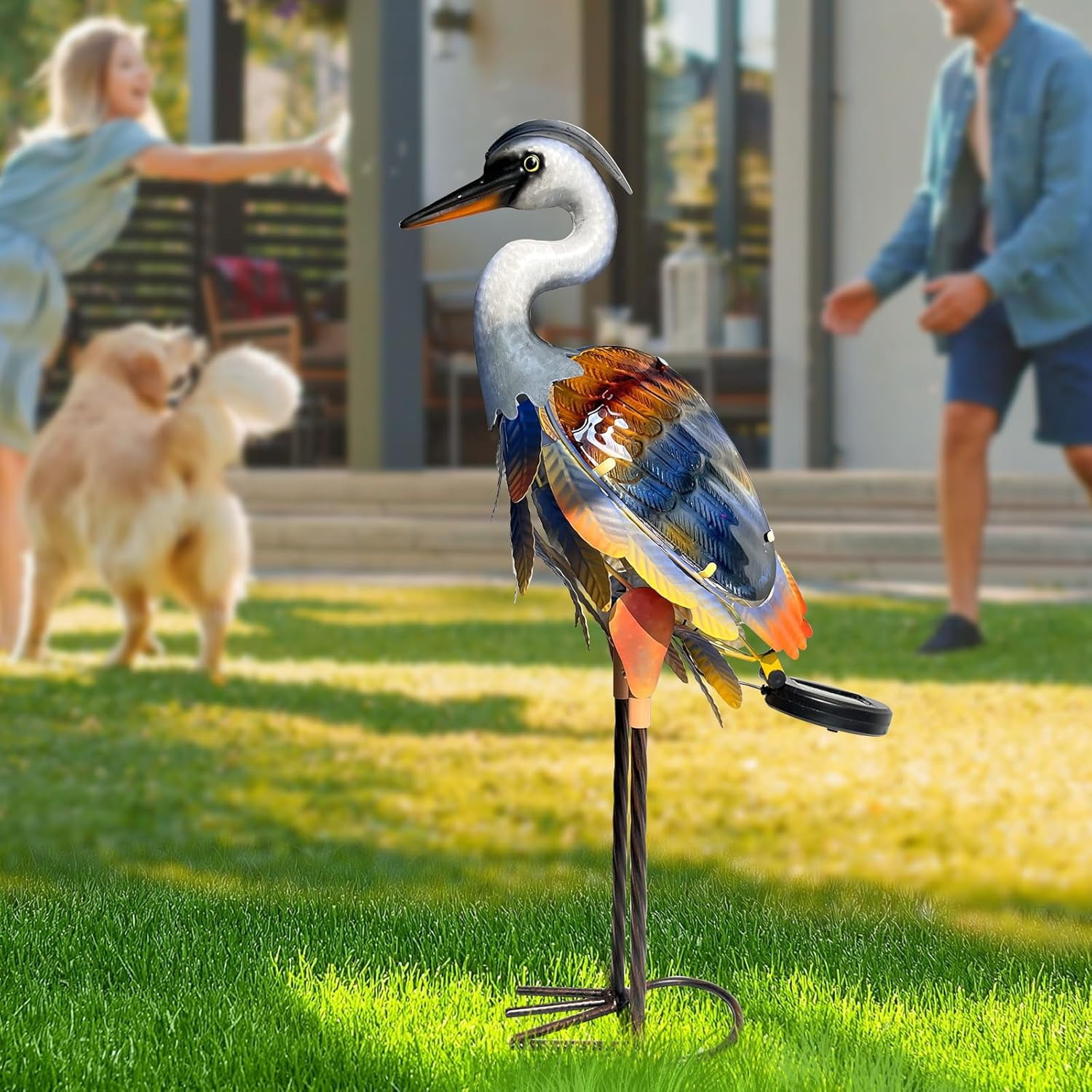 Solar Heron Metal Crane Statue Garden Heron Sculpture, Glass Outdoor Crane Yard Art Coastal Ocean Bird Decor 24 Inch Lawn Ornament for Backyard Porch Patio Decor