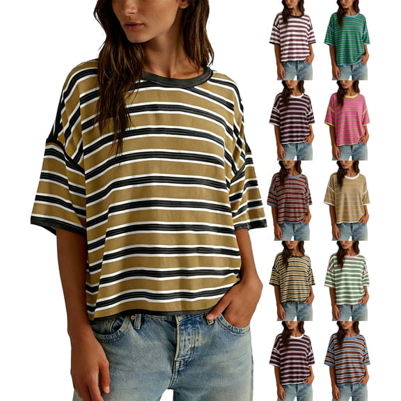 Womens T-Shirts Crew Neck Striped Oversized Short Sleeve T Shirts Loose Casual Color Block Basic Summer Tops M