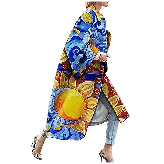 Aoochasliy Womens Jackets and Coats Clearance Printed Pocket Outerwear Cardigan Overcoat Long Trench Coat