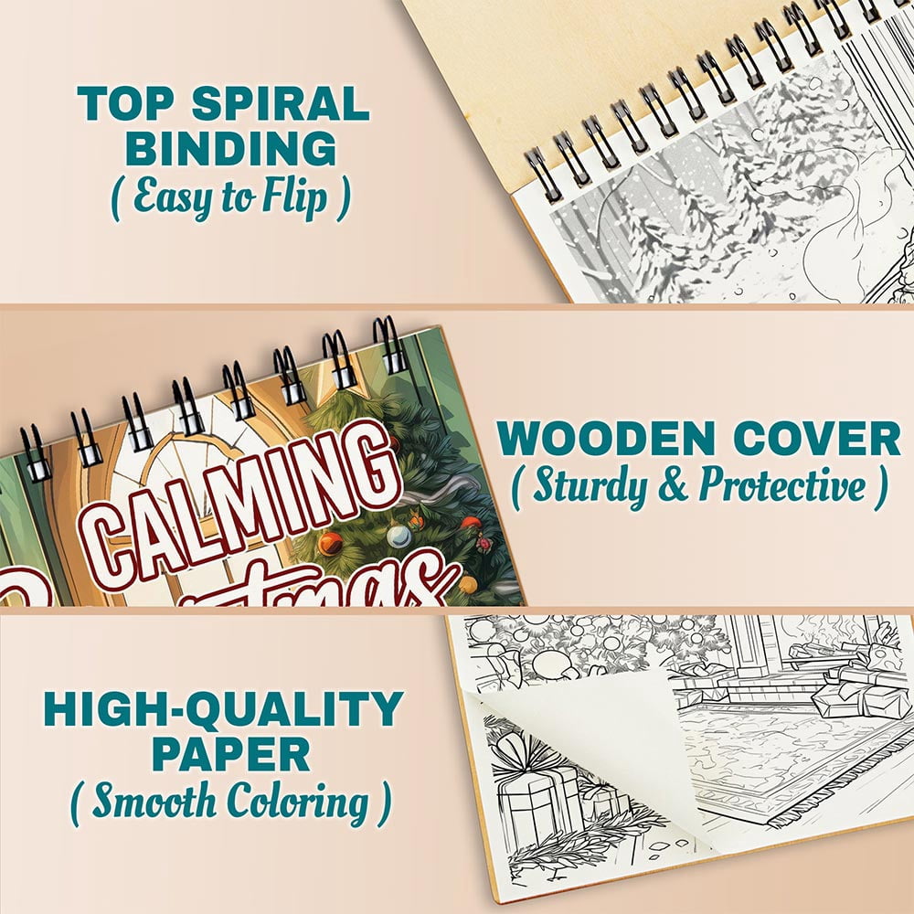 Netecom Calming Christmas Coloring Book Spiral Bound For Adults, A5 Wooden Cover, 30 Beautiful Coloring Pages of Tranquil Winter Scenes for Stress Relief and Relaxation