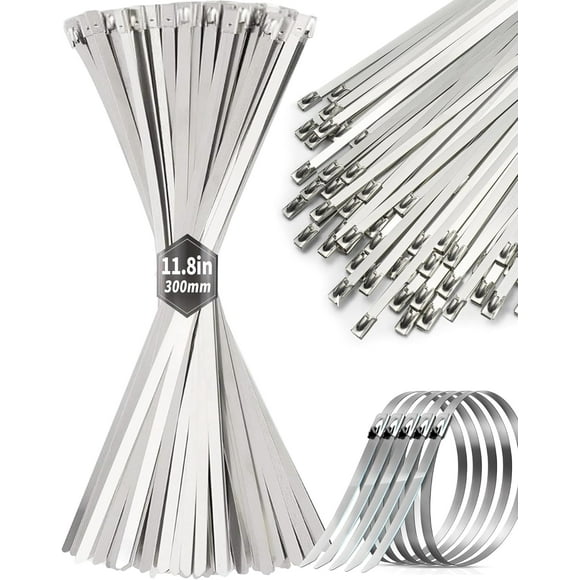 50Pcs Metal Zip Ties 11.8 inch 304 Stainless Steel Zip Ties, Heavy Duty Multi-Purpose Self-locking Metal Cable Ties for Machinery, Vehicles, Exhaust Wrap, Farms, Pipes, Roofs, Cables & Outdoor Fence