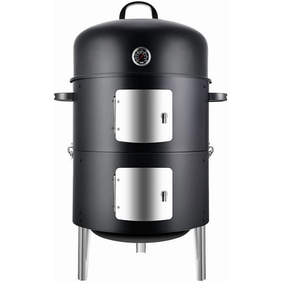 JL Vertical 17 Inch Steel Charcoal Smoker, Heavy Duty Round BBQ Grill for Outdoor Cooking, Black