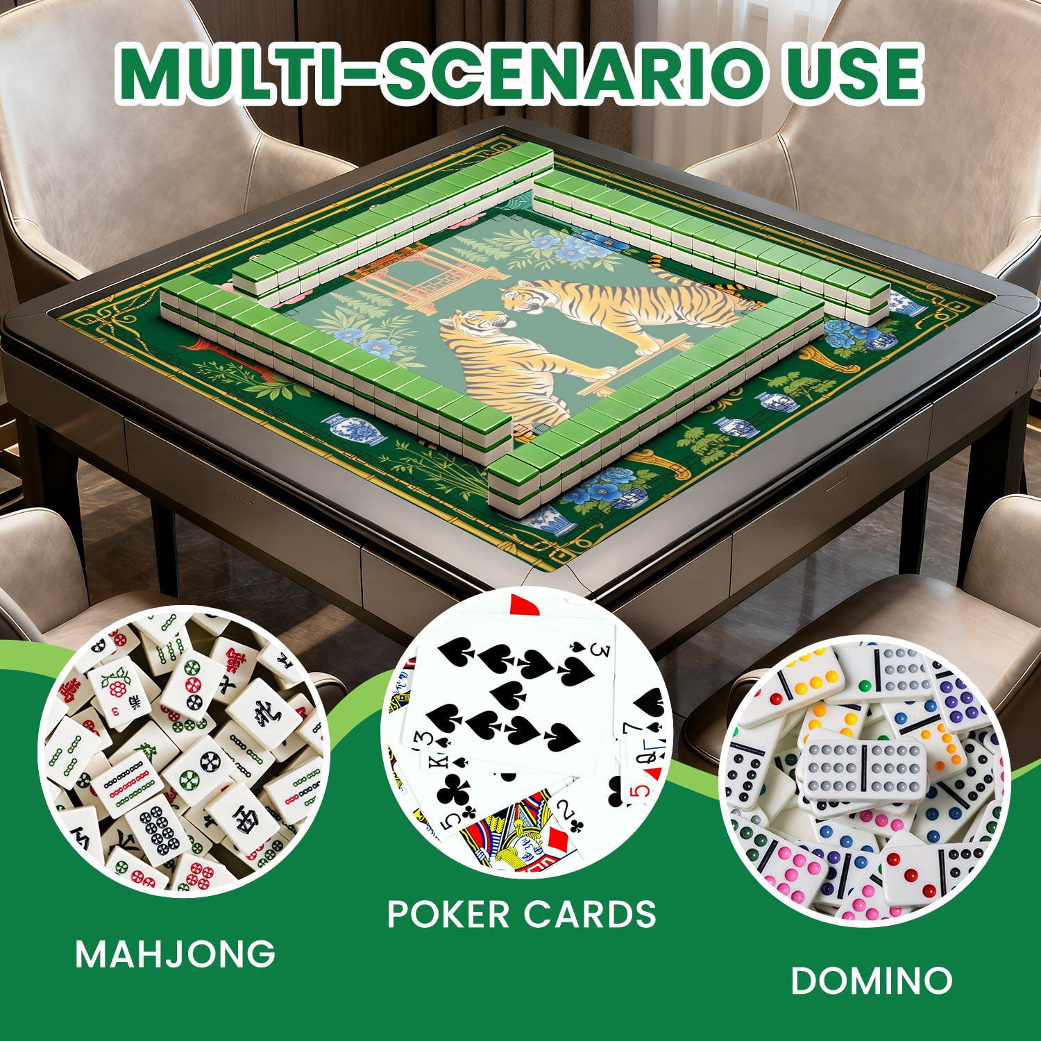 Mahjong Mat 31.5" x 31.5" Chinese Tigers Oriental Pagodas Floral Design Green Non-Slip Noise Reduction American Mahjong Tiles Table Cover for Dominoes Poker Card Board Games Gift