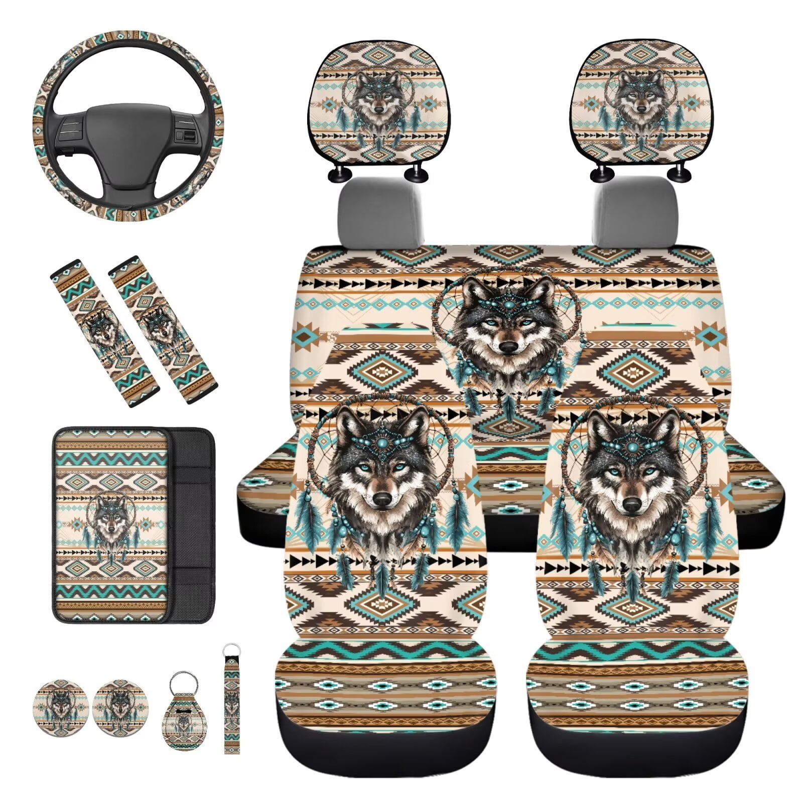 HUIACONG Aztec Car Seat Covers Full Set Dreamcatcher Wolf Car Accessories 14 Pcs - Front and Back Seat Covers with Seatbelt Covers Armrest Cover Steering Wheel Cover Headrest Cover Coaster Keychain