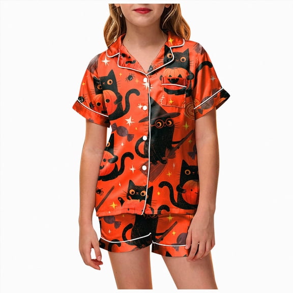 felwors Silky Satin Kids' Pajama Set Breathable & Smooth Unisex Button-Down Pajamas Cute Pastel Pink Halloween (Orange,2-3 Years)