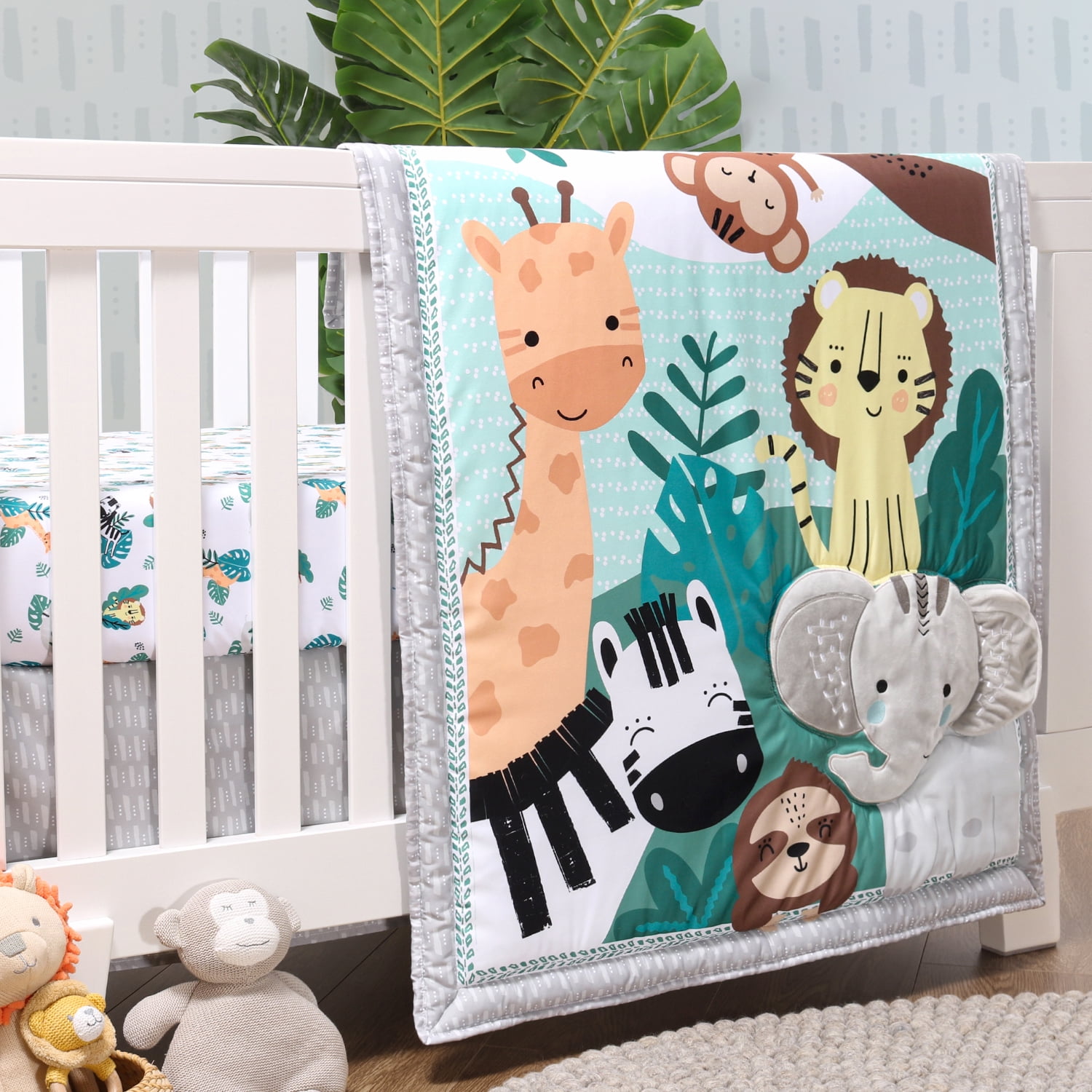 The Peanutshell Green and Grey Wild Kingdom Crib Bedding Set for Baby ...