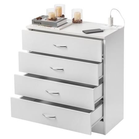Ktaxon Dresser with 2 Power Outlets & 2 USB, Chest of 4 Drawers, Vanity dresser for Bedroom, Living Room, White
