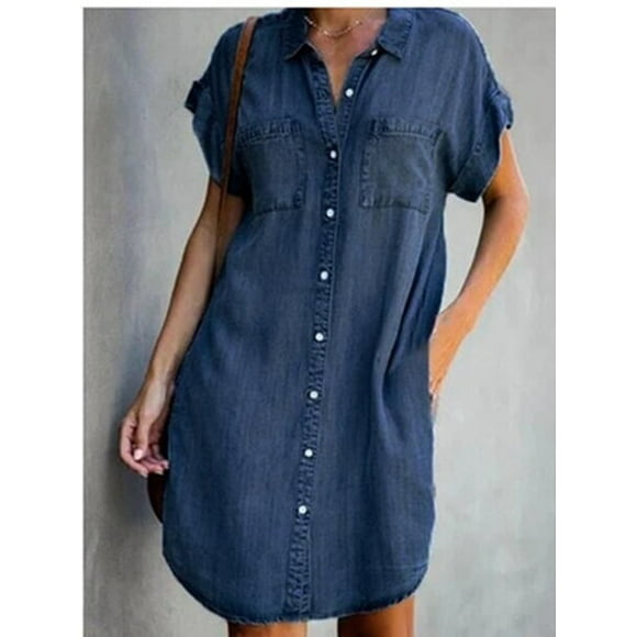 Ladies Short Sleeve Pockets Cardigan Single Breasted Denim Dress Women Summer Loose Knee Length Party Beach Sexy Dresses 107