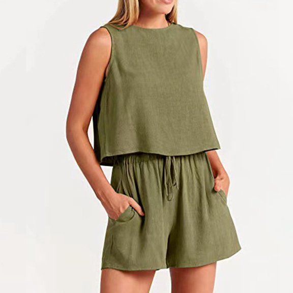 Riforla Spring Summer Women's Casual Sleeveless Solid Color High Waist Loose Shorts Two Piece Sets for Women 2 Pieces Army Green M