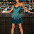 thumbnail image 2 of Women's Fringed Sequin Feather Stitching Dress Summer Slim V-Neck Off Shoulder Dresses Female Backless, 2 of 6