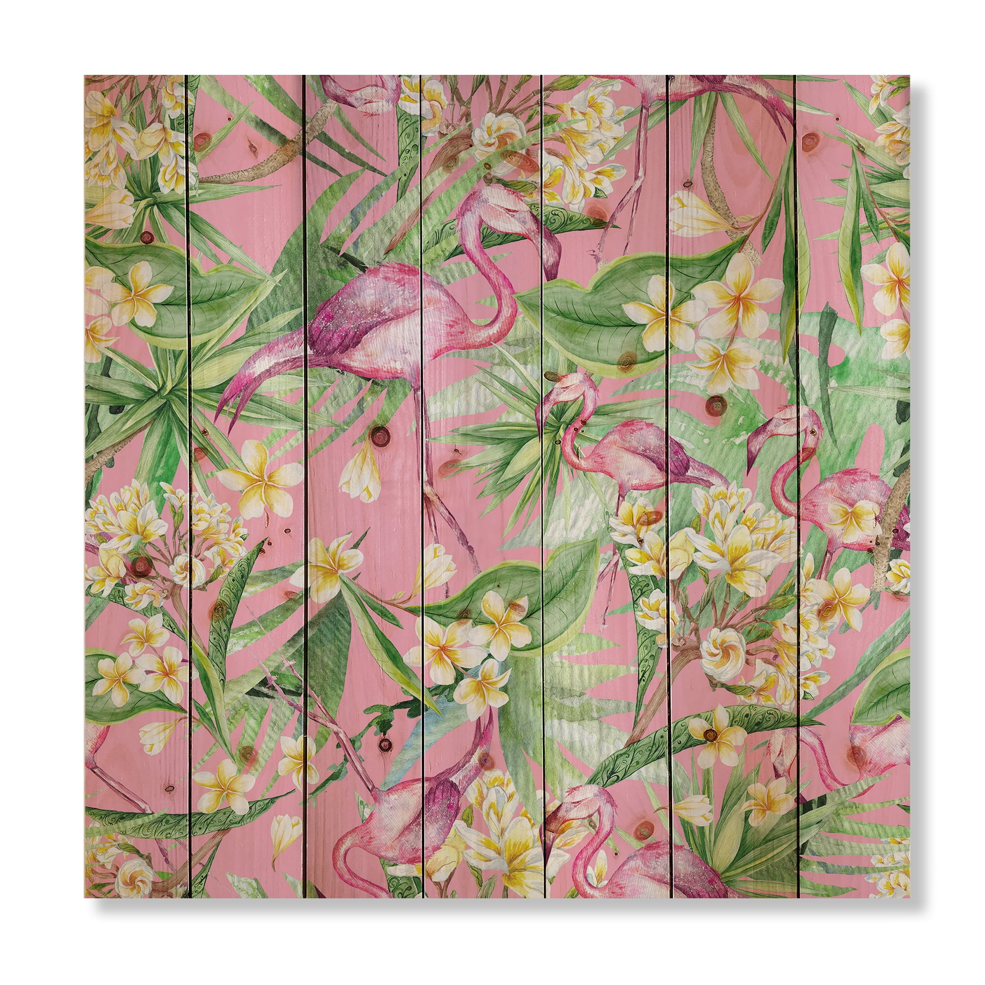 Designart 'Yellow Flowers, Tropical Foliage With Flamingo III' Modern Print on Natural Pine Wood