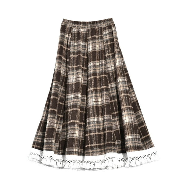 Women High Waisted Plaid Skirts Casual Patchwork Skirts Lace Hem Flowy Skirts