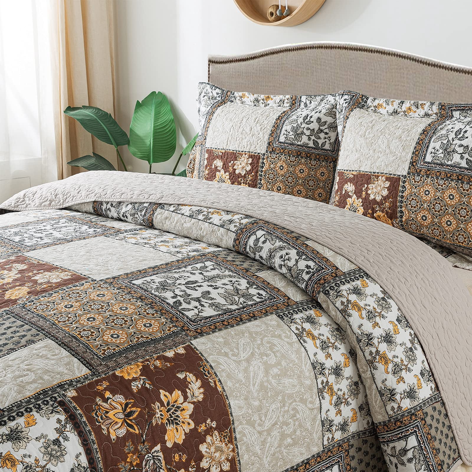 WannaToo Quilt Queen Size Comforter Cotton Bedding Set With Shams, Coffee