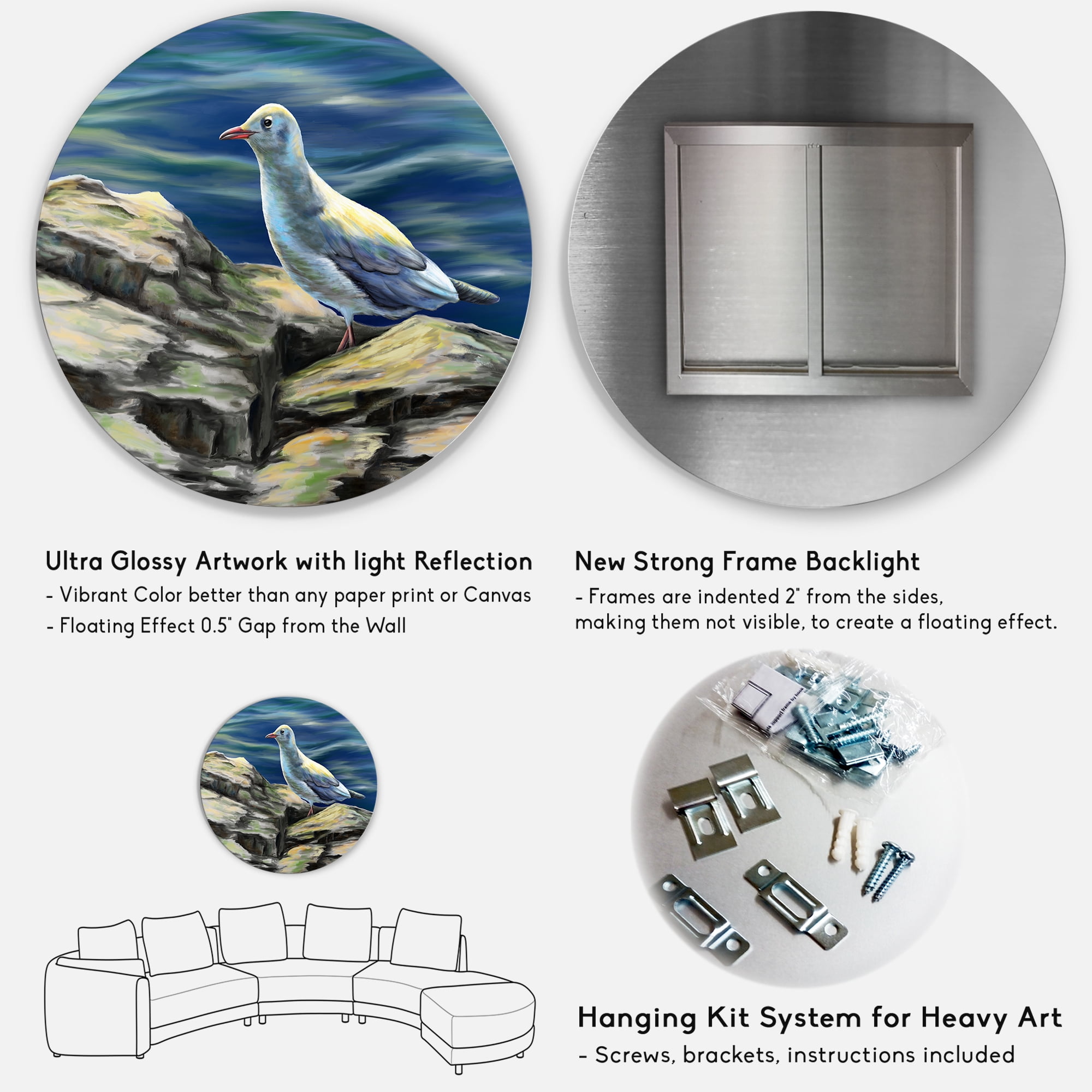 Designart 'Portrait of Seagull Birds By The Sea' Nautical & Coastal Circle Metal Wall Art 36x36 - Disc of 36