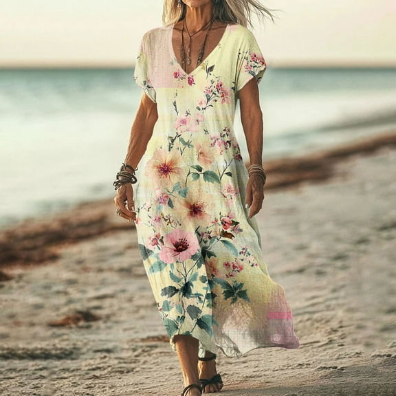 Wowcloth Women's V-Neck Long Skirt Printed Ruffled Short-Sleeved Dress Split Dress