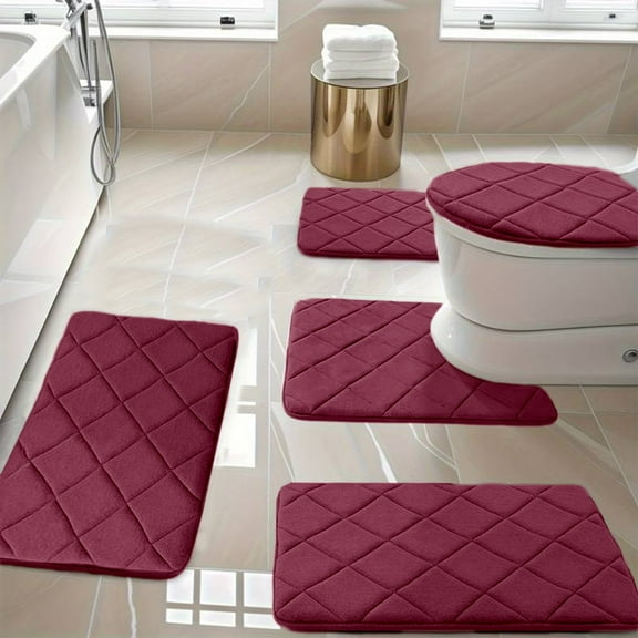 Konghyp Memory Foam Bath Mat Set – 5-Piece Bathroom Rugs with Soft, Comfortable, Water-Absorbent Mats – Non-Slip, Thick, Machine Washable, Quick-Dry Design in Dark Color