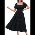 thumbnail image 2 of Vestido Informal de Verano para Mujer, de Corta, Cuello Cuadrado, Cintura Fruncida, Holgado, con , para Vacaciones, Color Negro, Talla S, 2 of 6