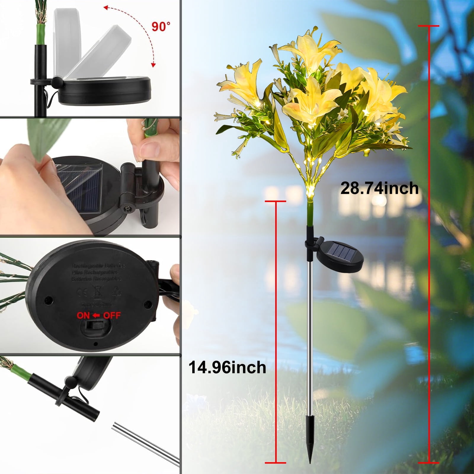Rnkr 4 Pack Solar Flower Lights Outdoor, 28 LED Waterproof Solar Lily Lights with 4 Color-Changing LEDs for Garden, Yard, Pathway, Lawn, Camping, Patio Decoration