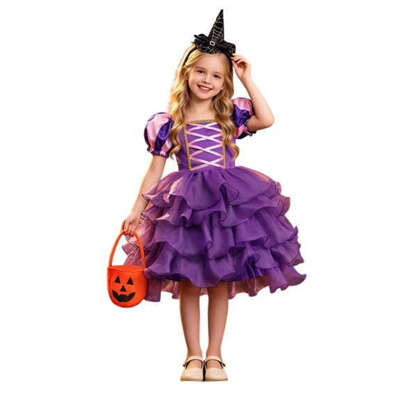 Mnyotv Halloween Outfits Girls Short Sleeve Mesh Dress with Witch Hats and Pumpkin Buckets Party Clothes Size 2-3Y