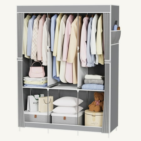 Riousery Portable Closet  51 Inch Wardrobe Closet for Hanging Clothes 6 Storage Organizer Shelves  Grey