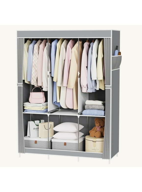 Riousery Portable Closet Wardrobe for Hanging Clothes  6 Storage Organizer Shelves Closet for Bedroom Free Standing Clothes Rack with Cover, Grey