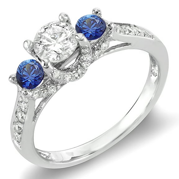 14K White Gold Round White Diamond And Blue Sapphire 3 Stone Ladies Bridal Engagement Ring