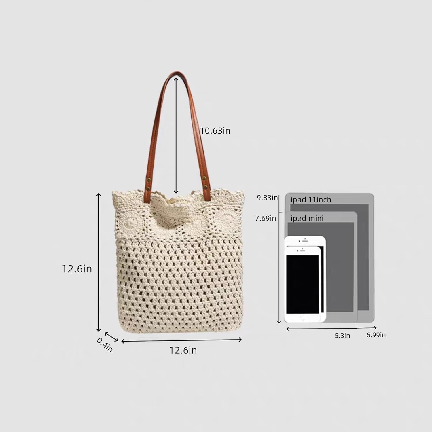 Crochet Tote Bag Handwoven Cotton Beach Shoulder Bag with Linen Lining Hobo Summer Vacation Purse for Women (Off-White)