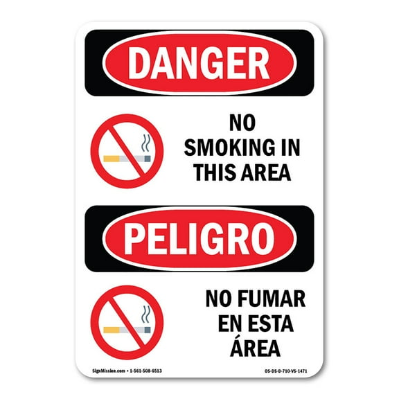 OSHA Danger Sign - No Smoking In This Area Bilingual |  Aluminum Sign | Protect Your Business, Construction Site, Warehouse & Shop Area |  Made in The USA