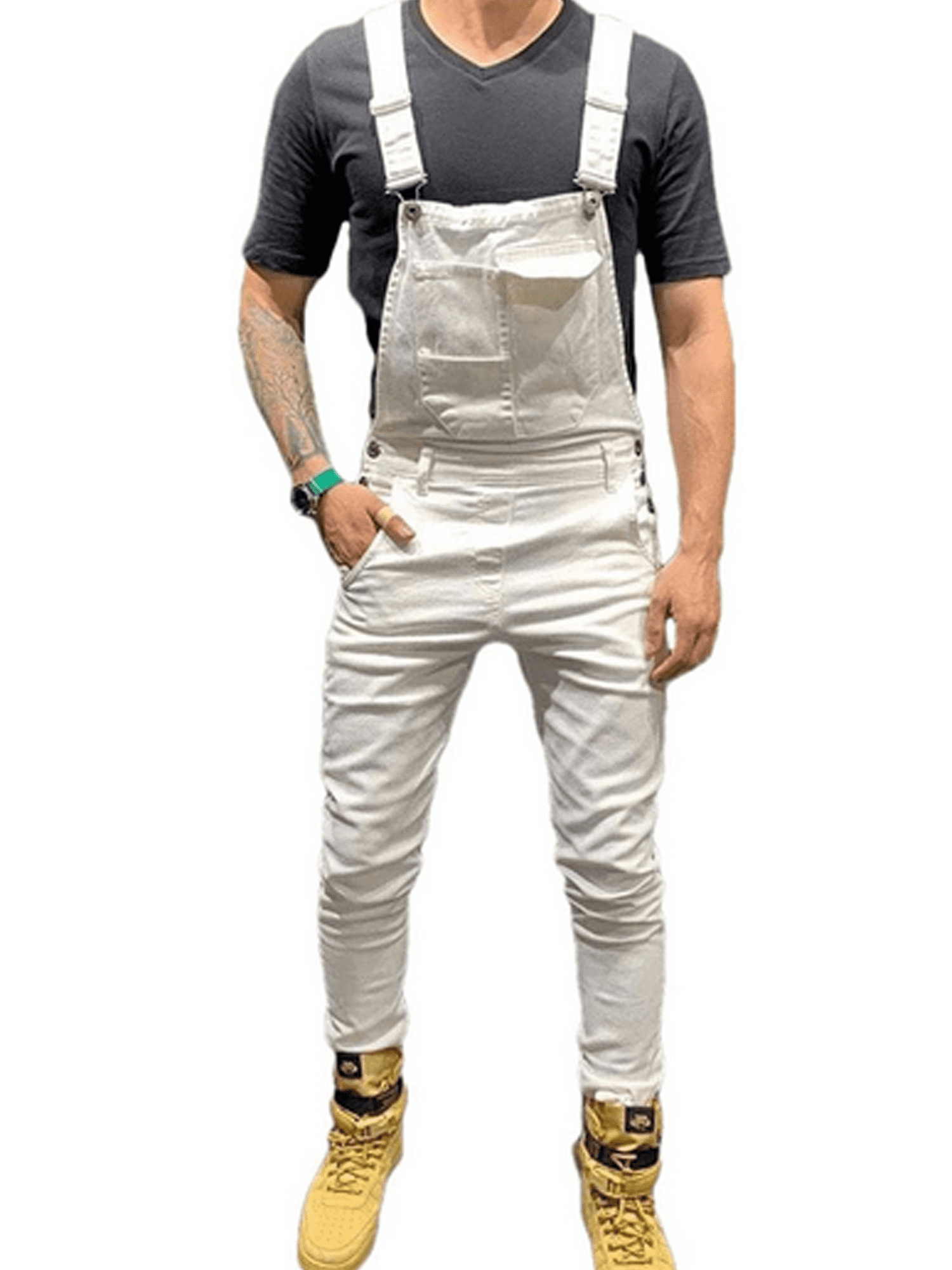 Mens Bib Overall Shorts Slim Ripped Jumpsuit Workwear Button Rompers 