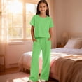 thumbnail image 2 of EnJoCho Girls 2 Piece Outfits Summer Short Sleeve Crew Neck T Shirts Tops Wide Leg Sport Pants Sets Kids Cute Casual Oversized Girls Breathable Sport pants Sets, 2 of 7
