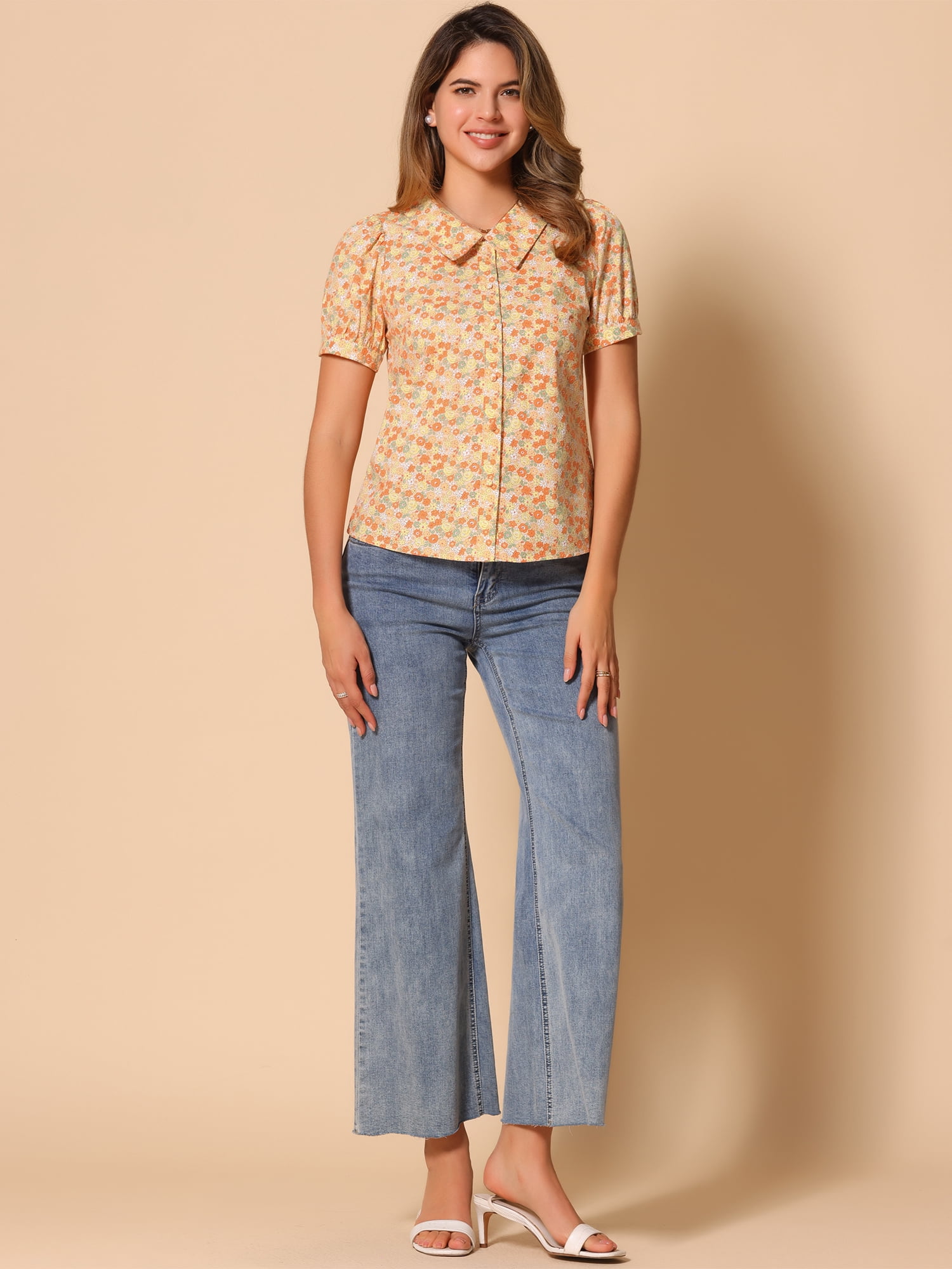 DARING DIVA Women's Turndown Collar Button Down Floral Blouse L Orange