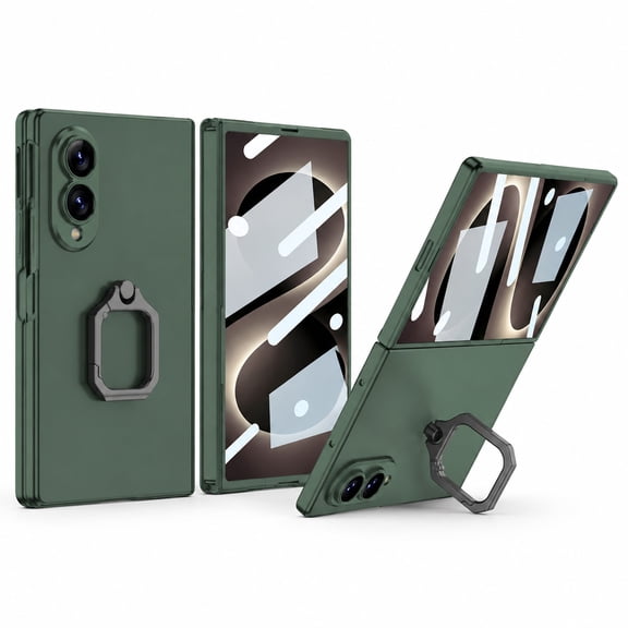 Lunvic for Samsung Galaxy Z Fold 8 Case Kickstand, Ultra-Thin Folding Cover with Built-in Screen Protector, Electroplated Ring Stand, Raised Camera Guard, Dark Green