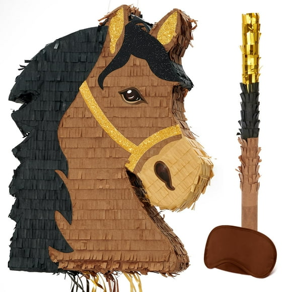 WERNNSAI Horse Pinata - Horsehead Pinata with Blindfold and Stick for Farm Animal Horse Party Decoration Cowboy Birthday Celebration Supplies
