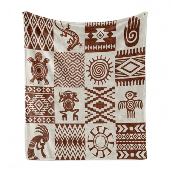 Southwestern Soft Flannel Fleece Throw Blanket, Frames with Patterns and Grunge Look, Cozy Plush for Indoor and Outdoor Use, 50" x 60", Redwood and Eggshell, by Ambesonne